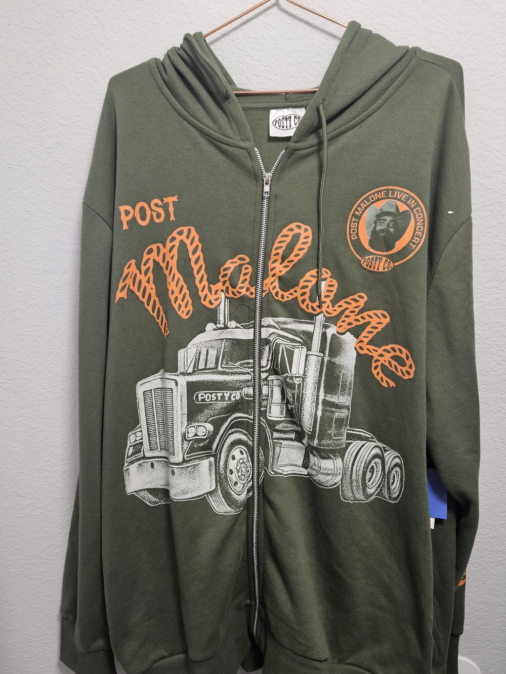 Post Malone Olive Green Graphic Zip-Up Hoodie with Orange Print